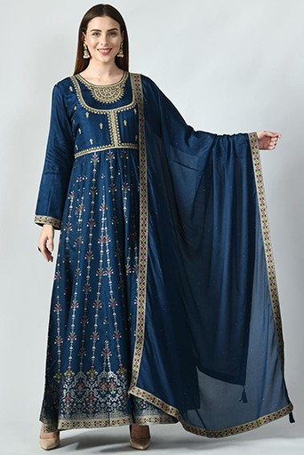 Navy Blue Ethnic Motifs Sequined A-Line Embroidered Kurta with Dupatta